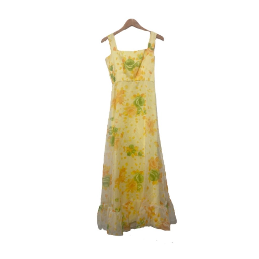Lorrie Deb Vintage Yellow Floral Tulle Sleeveless Dress 9/10